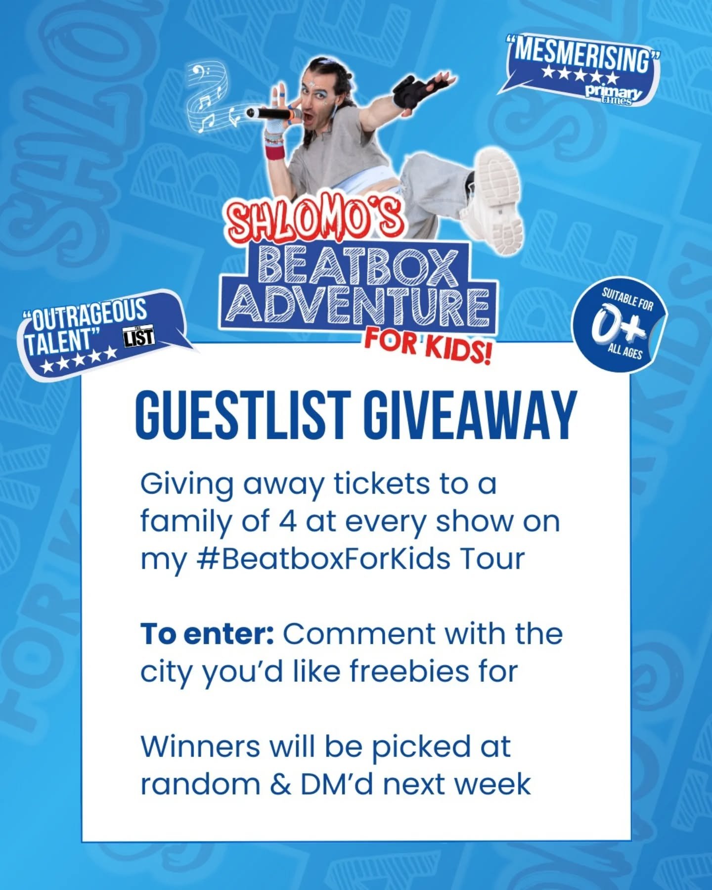 🎟️&nbsp;Giving away a family spot on my guestlist for ALL shows on my #BeatboxForKids UK tour! Comment with the city you would like to freebies for, and look out for a DM next week if you&rsquo;ve won! 🩵 good luck x

✨&nbsp;Beatboxing fun for all a