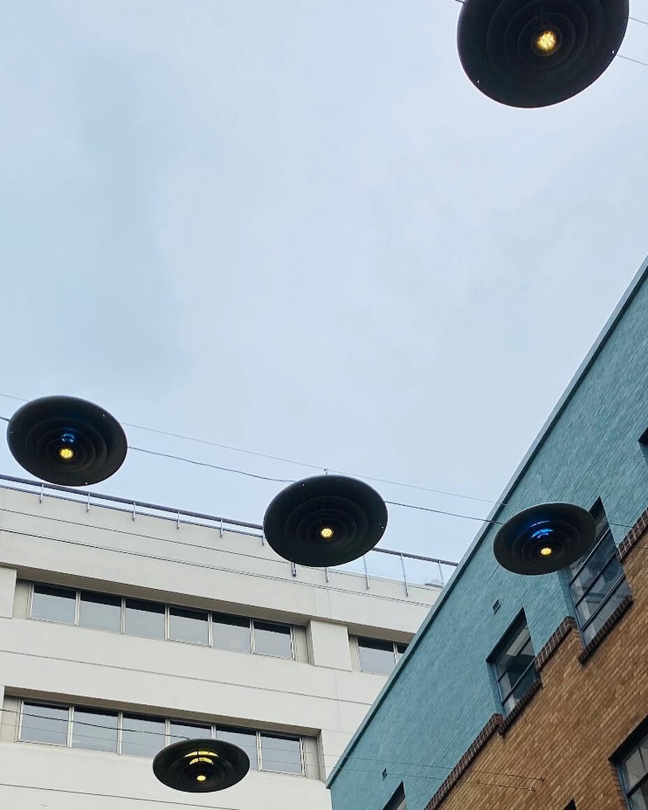 UFO sighting over the @labourtemple courtyard?! Those aren&rsquo;t ET visitors, just really cool outdoor lights made from repurposed aluminum ceiling diffusers. The creativity and attention to detail from our friends @faul_llc, who brought us the won