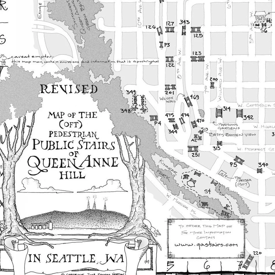 Thomas Horton’s Queen Anne Public Stairs Now on Our Website
In support of his printed “Map of the Pedestrian Public Stairs of Queen Anne Hill” (2008), Thomas also created a companion website dedicated to exploring our delightful an