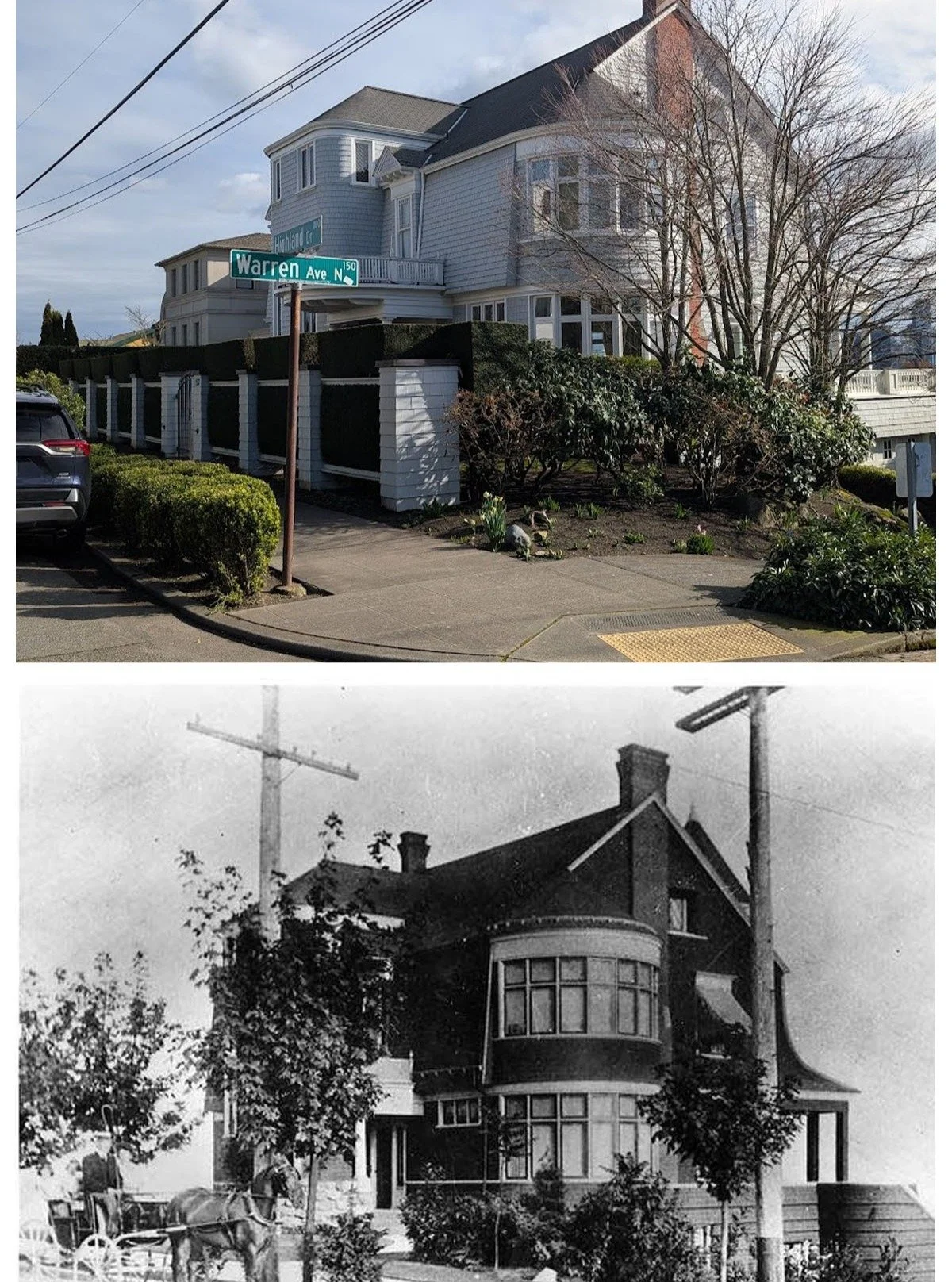 Today 2026
Then 1899

The Riddle House on the corner of Warren Avenue and Highland Drive is a shingle style home designed by Seattle architect Edwin Houghton in 1899. Attorney Charles Riddle lived here with his wife Louise and five children.
Consider
