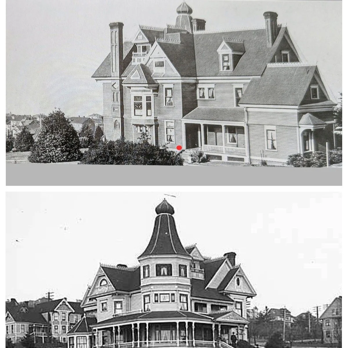 The Kinnear Mansion
The top image is a less often seen view of the home from the side. The house was completed in 1888 and demolished in 1958. The property was donated to the Methodist Church and they developed the 10 story Bayview Retirement Communi