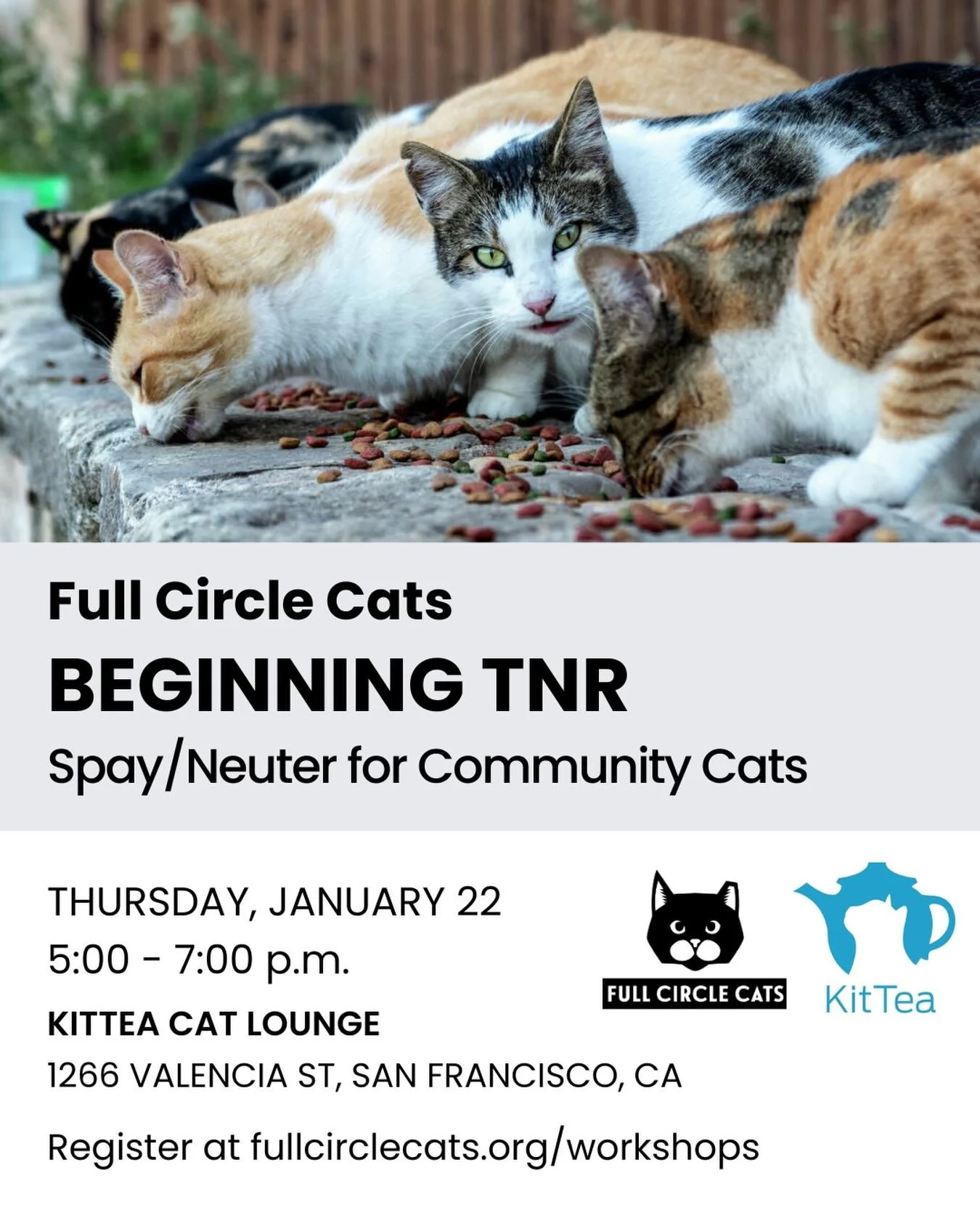 Big news! We&rsquo;re coming to San Francisco! Join us at @kittea_sf to learn all about TNR (Trap-Neuter-Return). 

Date: Thursday, January 22
Time: 5:00 - 7:00 p.m.
Where:&nbsp;KitTea Cat Lounge, 1266 Valencia St, San Francisco, CA

Ready to help th