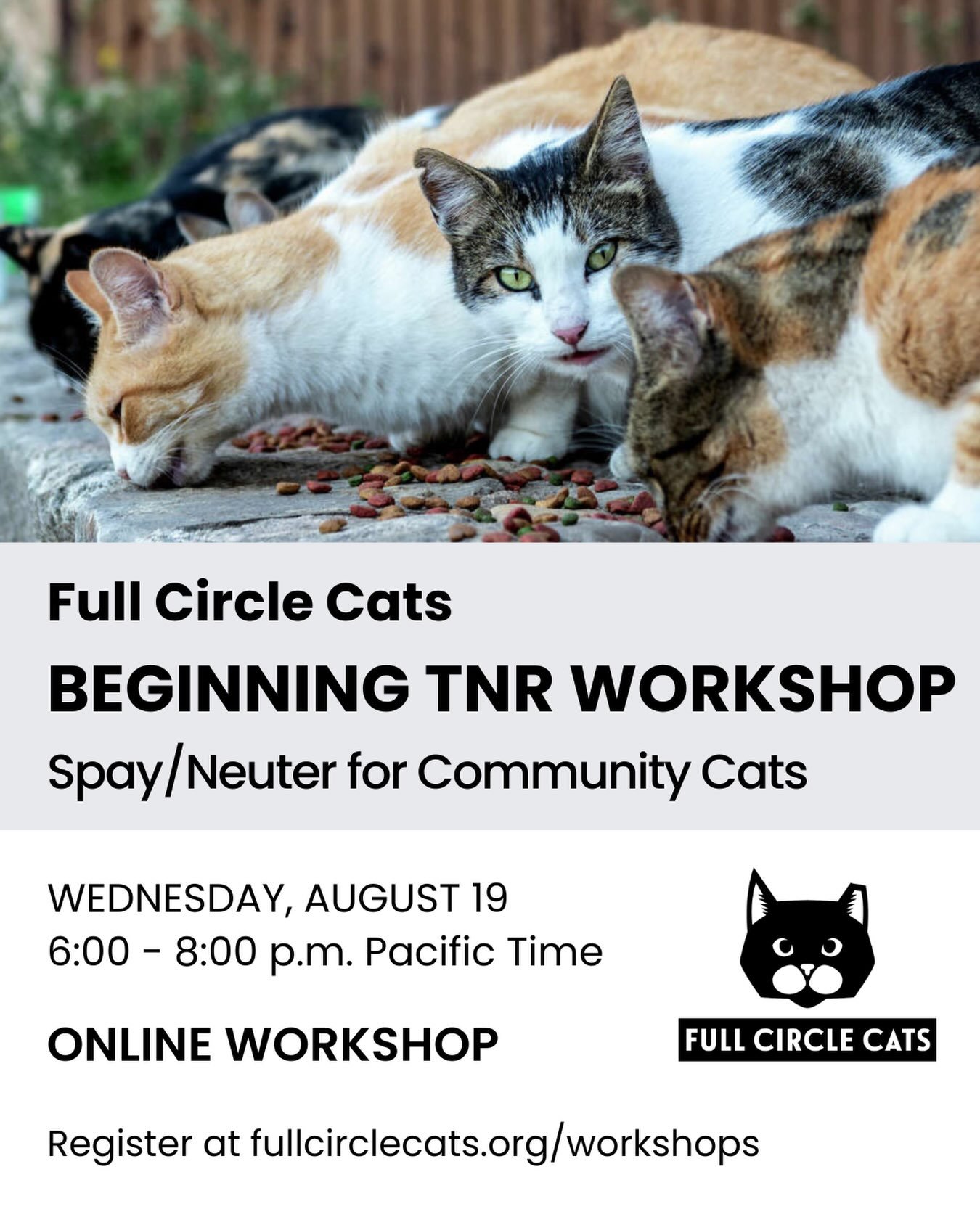 Join from anywhere! We&rsquo;re teaching an online TNR (Trap-Neuter-Return) workshop!

Wednesday, August 19
6:00 &ndash; 8:00 p.m. Pacific Time
Online (register to receive the Zoom link)

Learn about community cat management and how to do trap-neuter