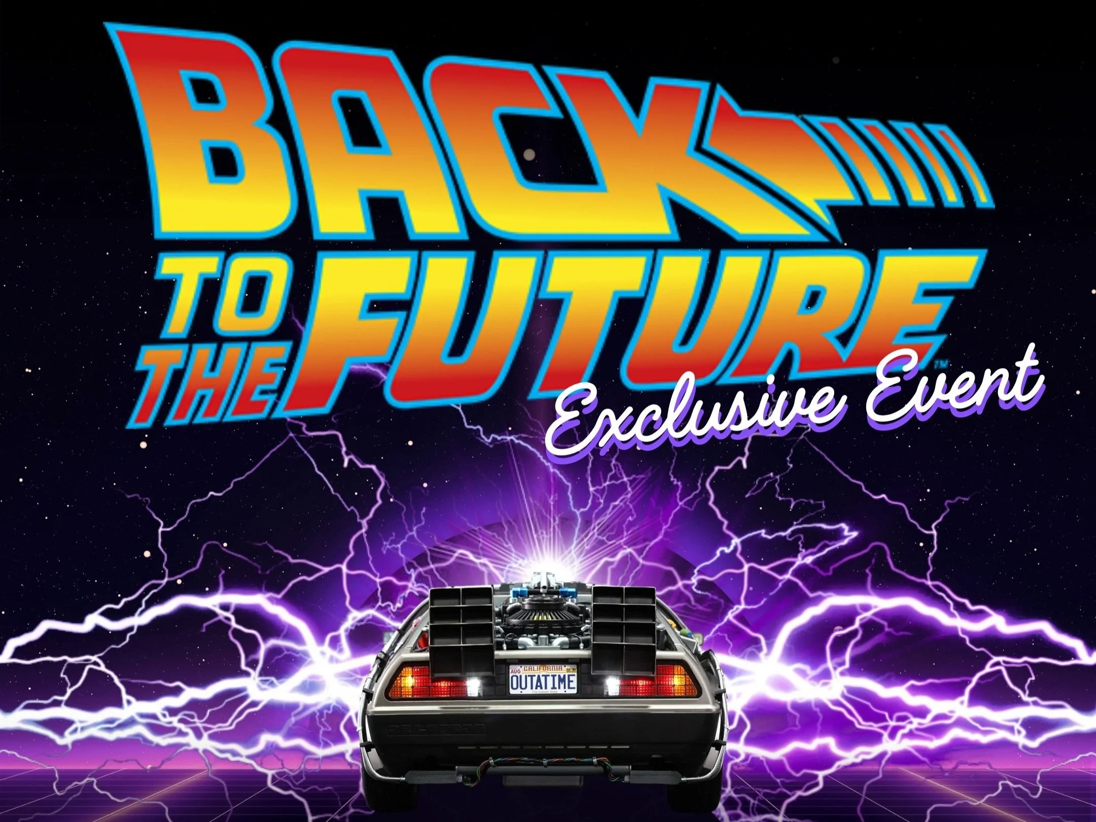 Back to the Future text and a DeLorean car with lightning bolts shooting out