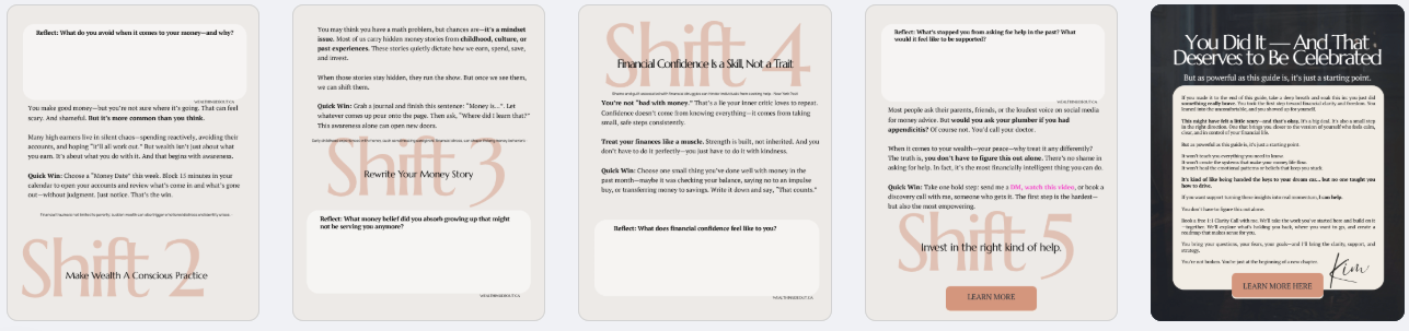 Collection of five slides with text discussing financial confidence, money stories, and personal growth. The slides include reflective questions, advice on handling money, and a call to action to learn more about financial confidence, with some slides featuring orange accents and one with a signature at the bottom.