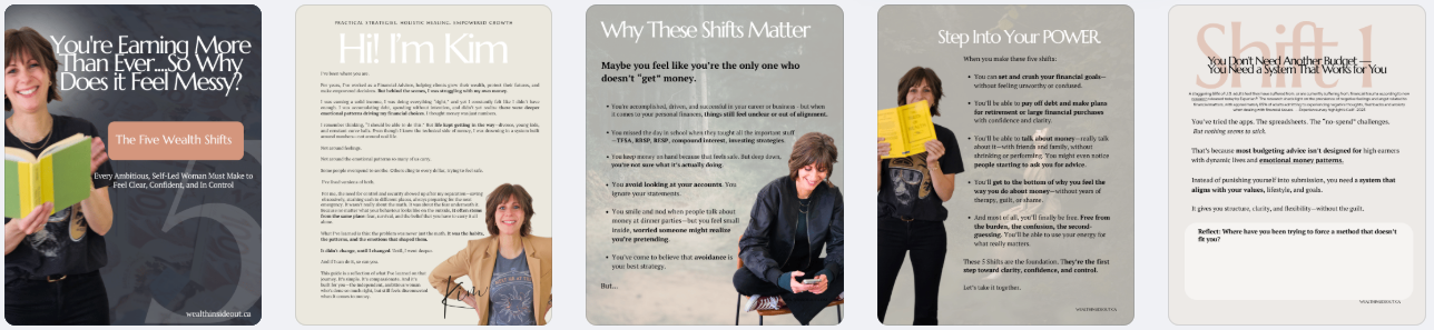 A woman reading a book with the title 'You're Earning More Than Ever...So Why Does it Feel Messy?' with a subtitle 'The Five Wealth Shifts' and the website 'wealthinsideout.com' at the bottom.
