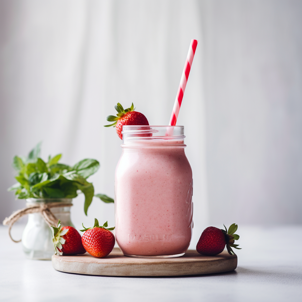 A pink strawberry smoothie in a glass jar with a striped straw, garnished with a strawberry, on a wooden tray, with additional strawberries and a jar of mint leaves in the background.