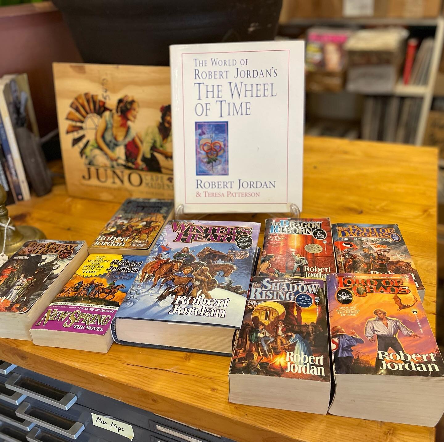 Wheel of Time fans&mdash;check out this fresh selection! 🔮 
.
.
.
.
.
.
#wheeloftime #btv #burlingtonfinds #loveburlington #usedbooks #fantasy #bookstore #usedbookstore #bookporn #shelfie #bookstagram #books #book #booklover #robertjordan #wheelofti