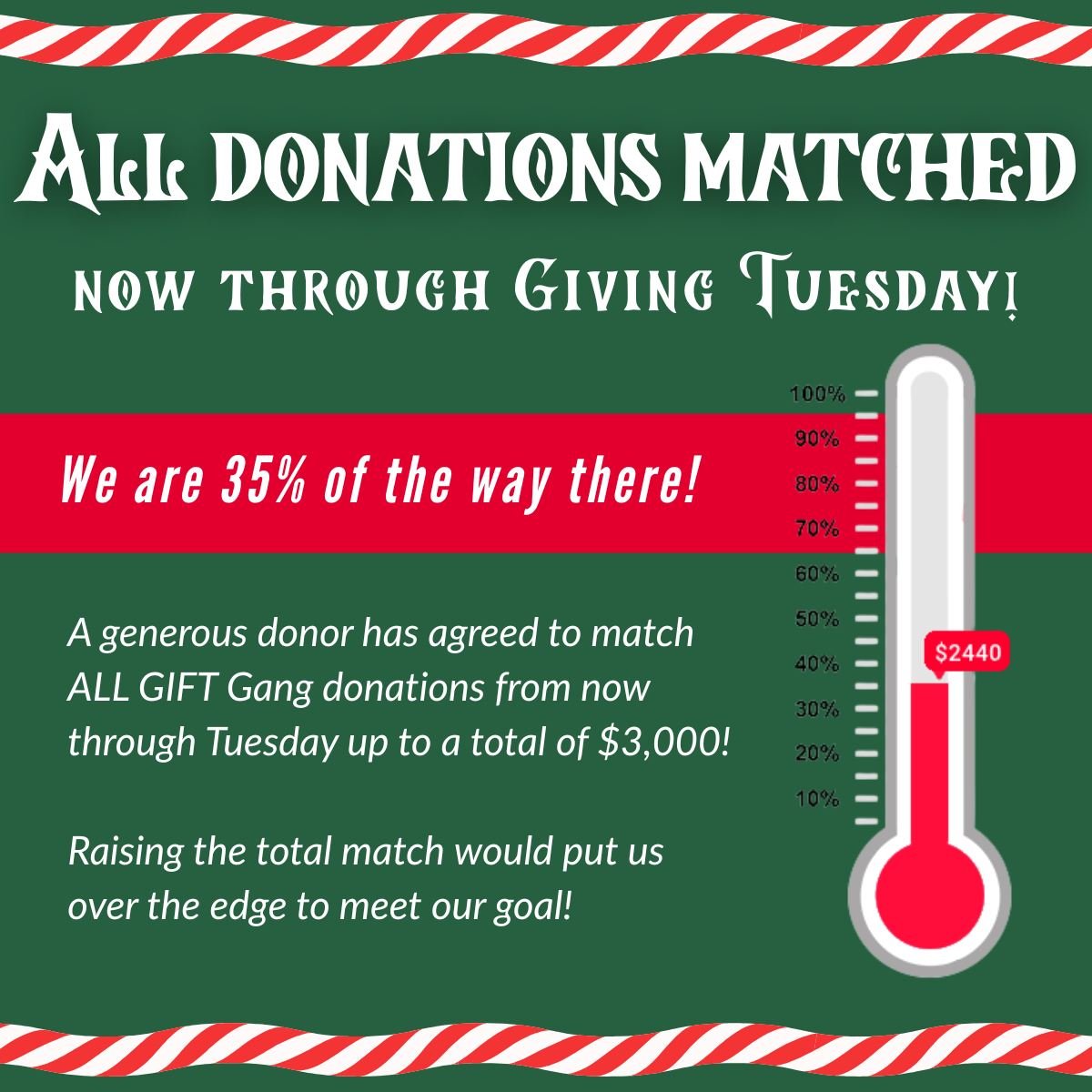 If you haven't donated yet, or if you're able to give a little more, your donations are now worth DOUBLE! Thank you to the anonymous sponsor willing to MATCH ALL DONATIONS from now through Giving Tuesday! Be the difference in the life of a child with