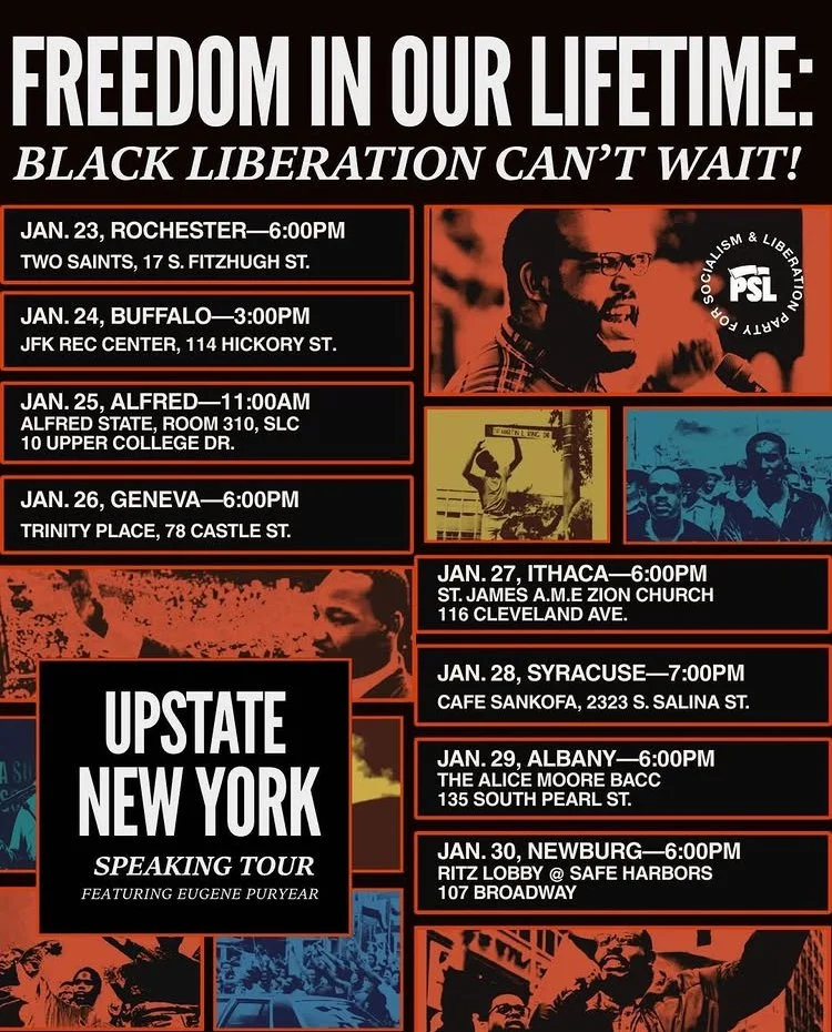TOMORROW! Join us at @cafesankofacoop  to hear @eugenepuryear1986 speak about the urgency of Black liberation, hosted by @psl_flx! #syracuse #blackliberation