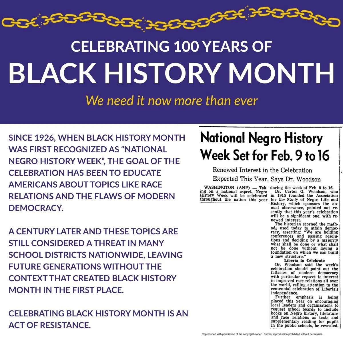 Black History Month still matters 100 years later because the struggle for Black liberation is far from over. Looking to the history of the Black experience in America, from liberation to innovation, is the way we can keep ourselves rooted in where w