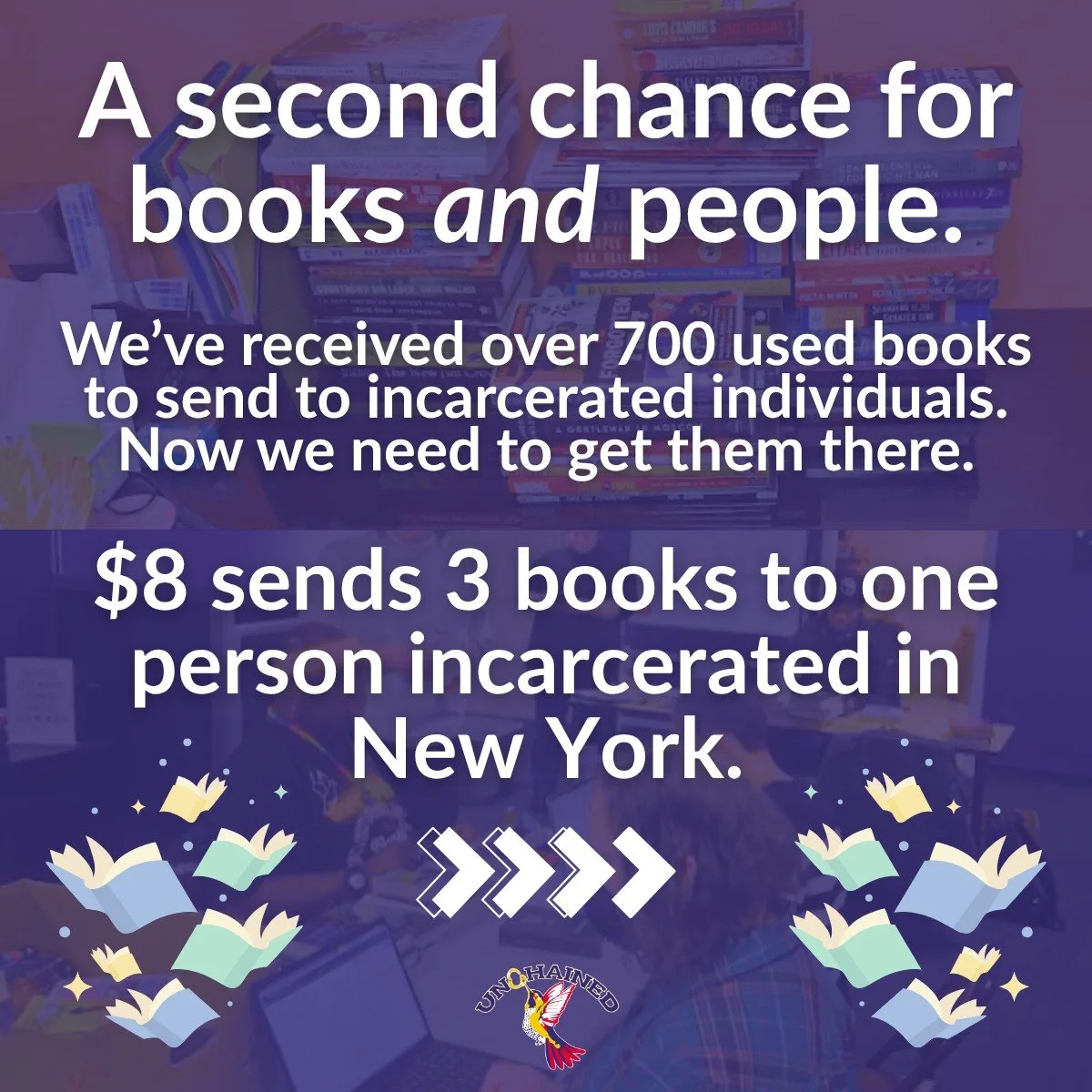 On this Second Chance Shipping Day, show your solidarity with incarcerated readers by making a commitment: $8/month to ship books inside NY state prisons. Your contribution enables us to send three books to one incarcerated person per month. 

Make t
