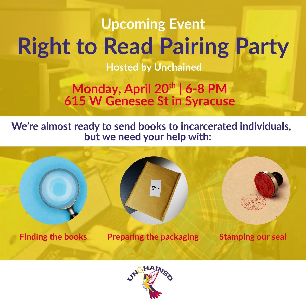 Come help us prepare books to ship to incarcerated individuals and celebrate "Right to Read" day this coming Monday. With your help, we can ensure that people in prison have access to up-to-date and interesting books! 

Can't make it? Consi