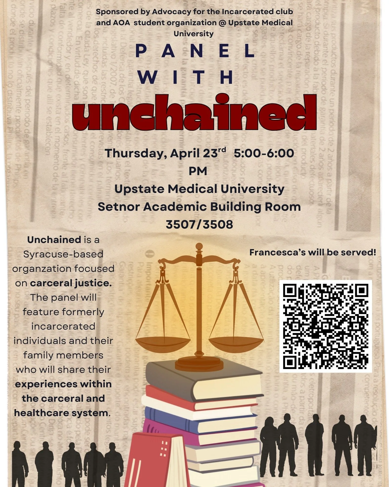 Join Unchained and the Advocacy for the Incarcerated club at Upstate Medical University on Thursday for a panel discussing the intersections between the carceral and healthcare systems and their impacts on the lives of incarcerated individuals and th