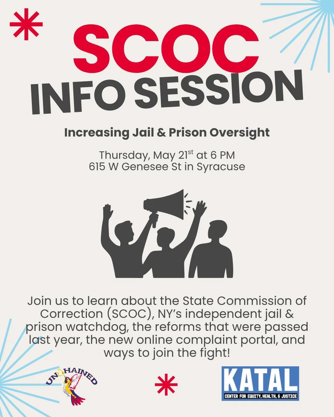 Join Unchained and @katalcenter next Thursday, May 21st at 6 PM for our info session on the State Commission of Correction!

In this info session, we&rsquo;ll go over the history and authority of the SCOC as well as discuss the 2025 reforms made to t