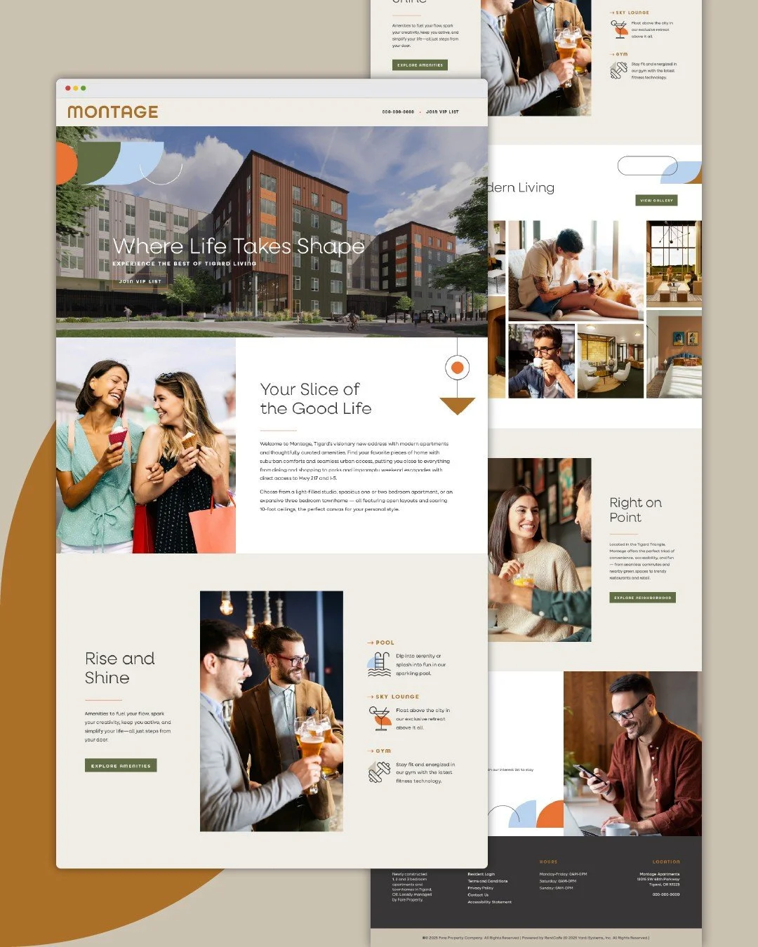 A sneak peek of the Montage brand across web! Warm tones, playful icons, and vibrant pops of color come together to create a web experience designed to draw you in.⁠
.⁠
.⁠
.⁠
#ThinkJoule #CreativeAgency #BrandIdentity #BrandLaunch #ApartmentBranding 