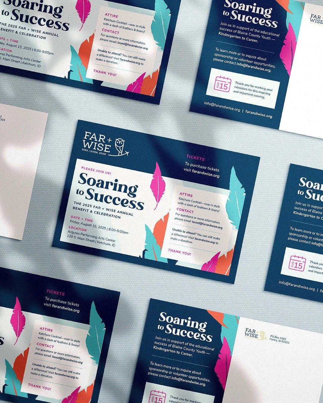 From first impression to the final toast! We designed the print and digital collateral for Far + Wise&rsquo;s annual benefit and celebration, Soaring to Success! Invitations, web banners, sponsor decals and more &mdash; each piece reflects the elegan