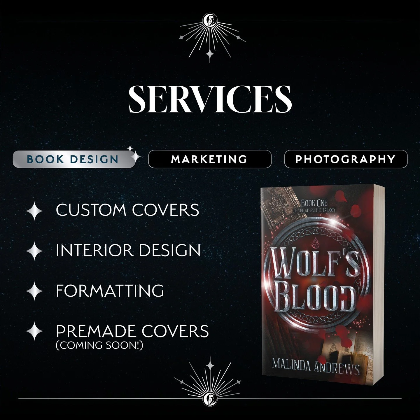 So what can I help you with? I can help you with Book Design, Marketing related items, and Photography if you are in in the Wisconsin area.

I can do custom book covers, interior design elements (think chapter headers and pretty page break elements),