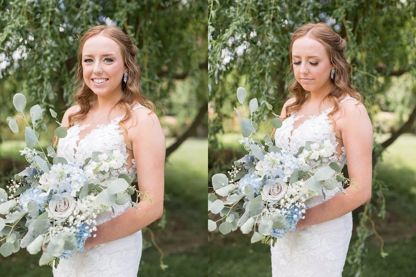 Bride in a white lace wedding dress holding a bouquet of white and blue flowers, standing outdoors near trees.