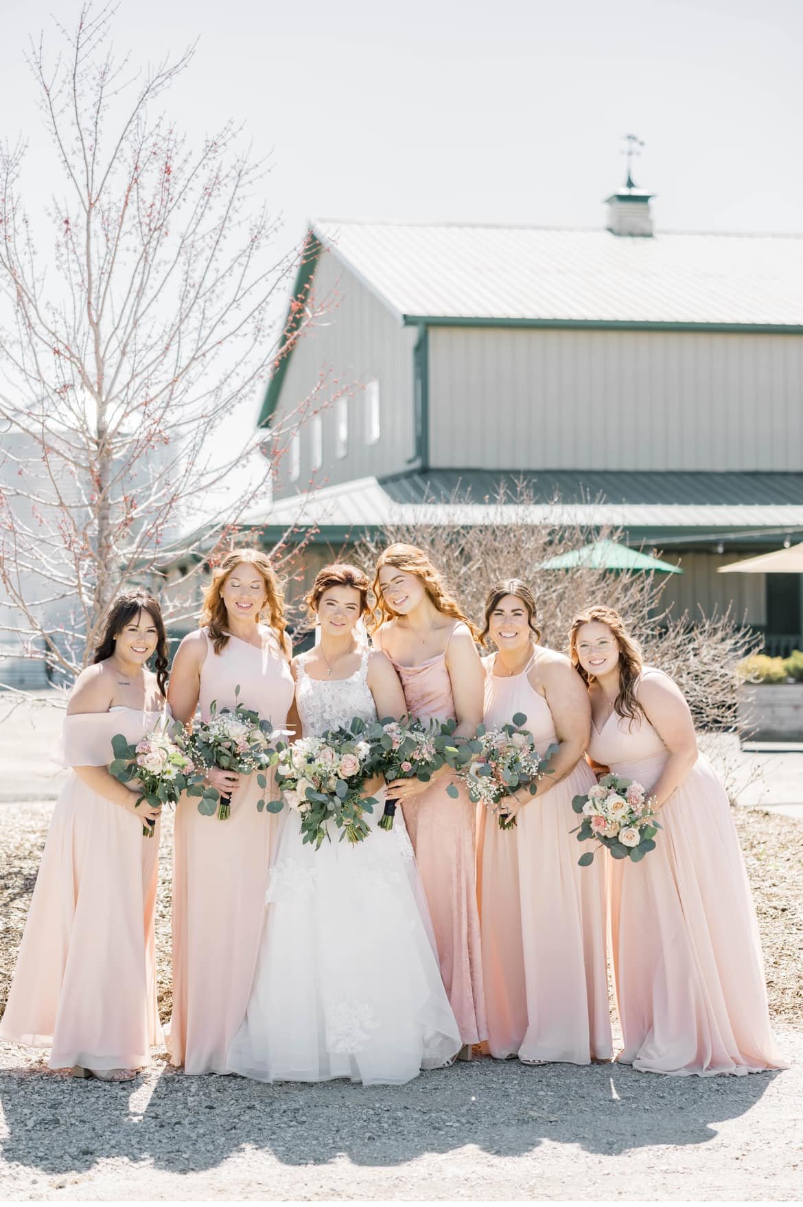A bride and five bridesmaids standing outdoors, holding bouquets, dressed in pastel-colored dresses with a rustic barn in the background.