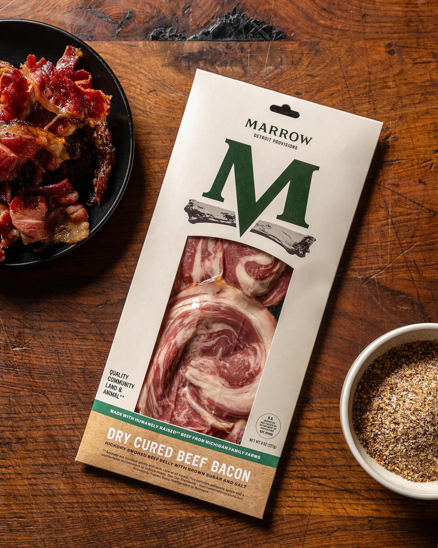 Check it out!  Beef Bacon is the newest product to hit the shelves of Detroit Metro grocery stores.  Our dry-cured, hickory smoked beef belly is sourced locally from Michigan family farmers with a commitment to humane animal treatment and environment