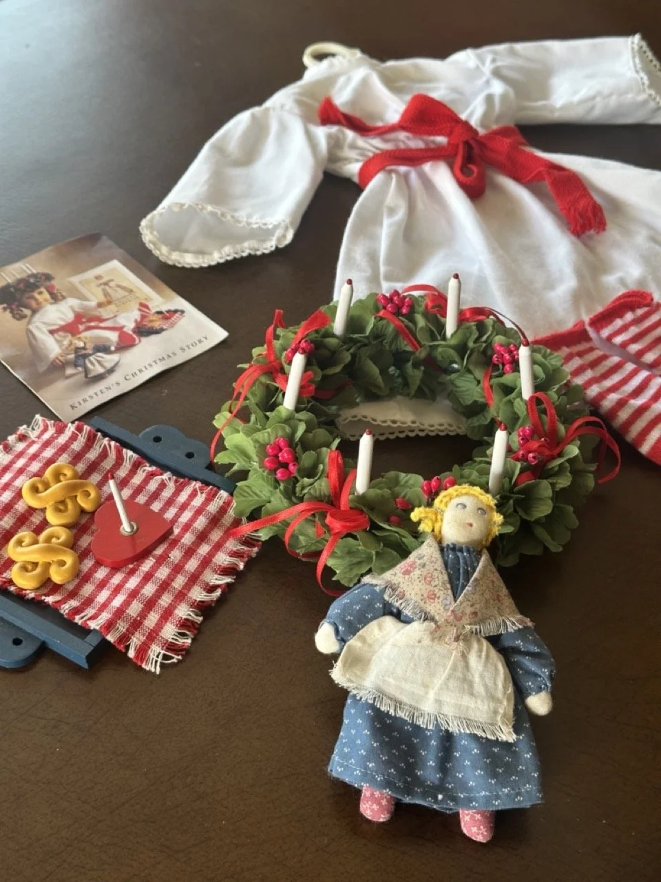 SOLD - $120 – American Girl Kirsten Christmas Set in Original Box – Dress, wreath, accessories, booklet