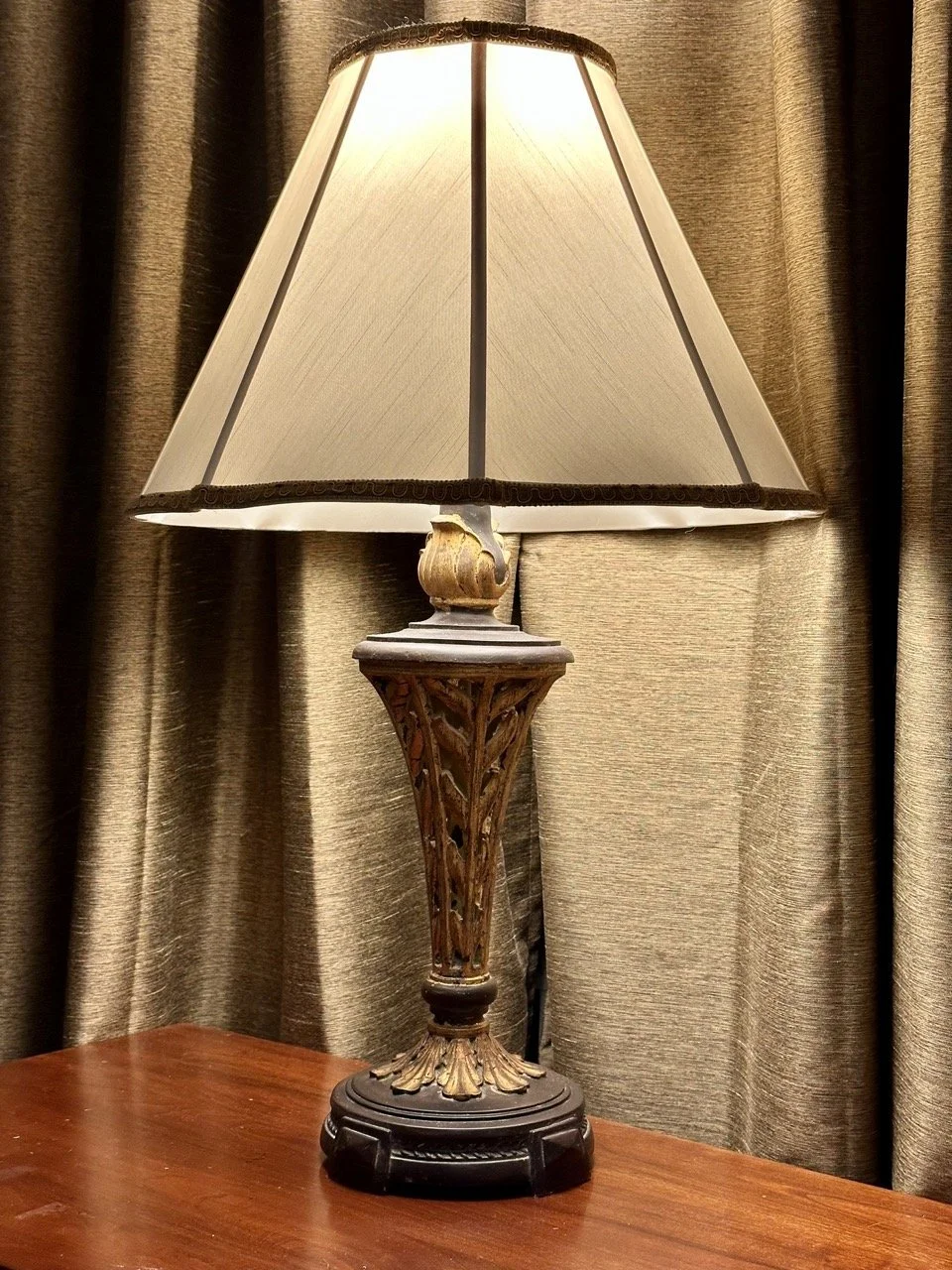 $100 • Pair of Table Lamps with Linen Shades (29.5”H) • Classic carved bases with warm tones and soft linen shades. Great for bedroom or living space. Excellent condition. Sold as a pair.
