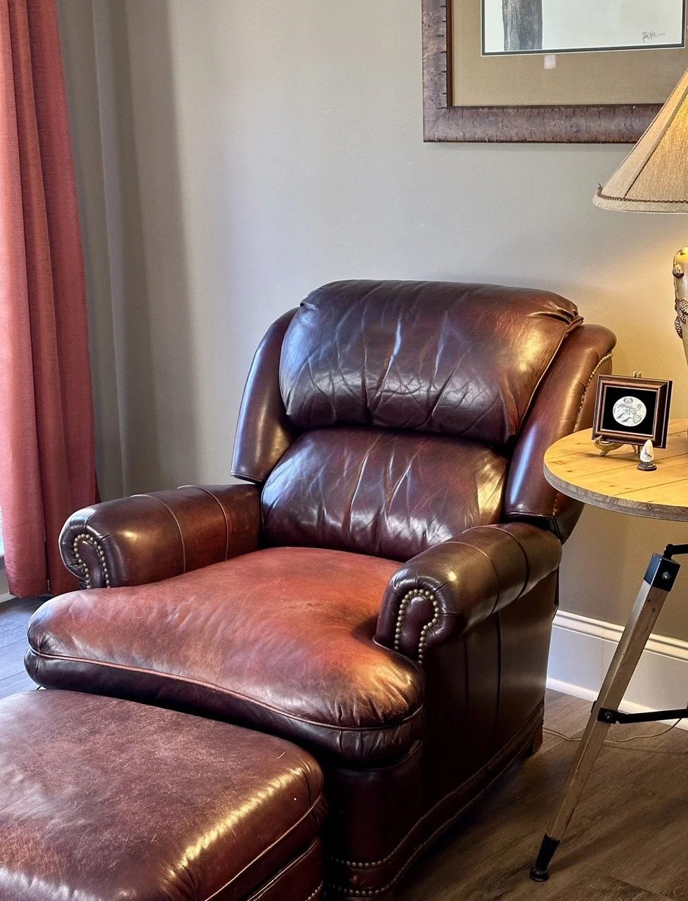 $325 – Leather Recliner + Ottoman | Distressed burgundy leather with great character. Comfortable, reclining chair with matching ottoman.
