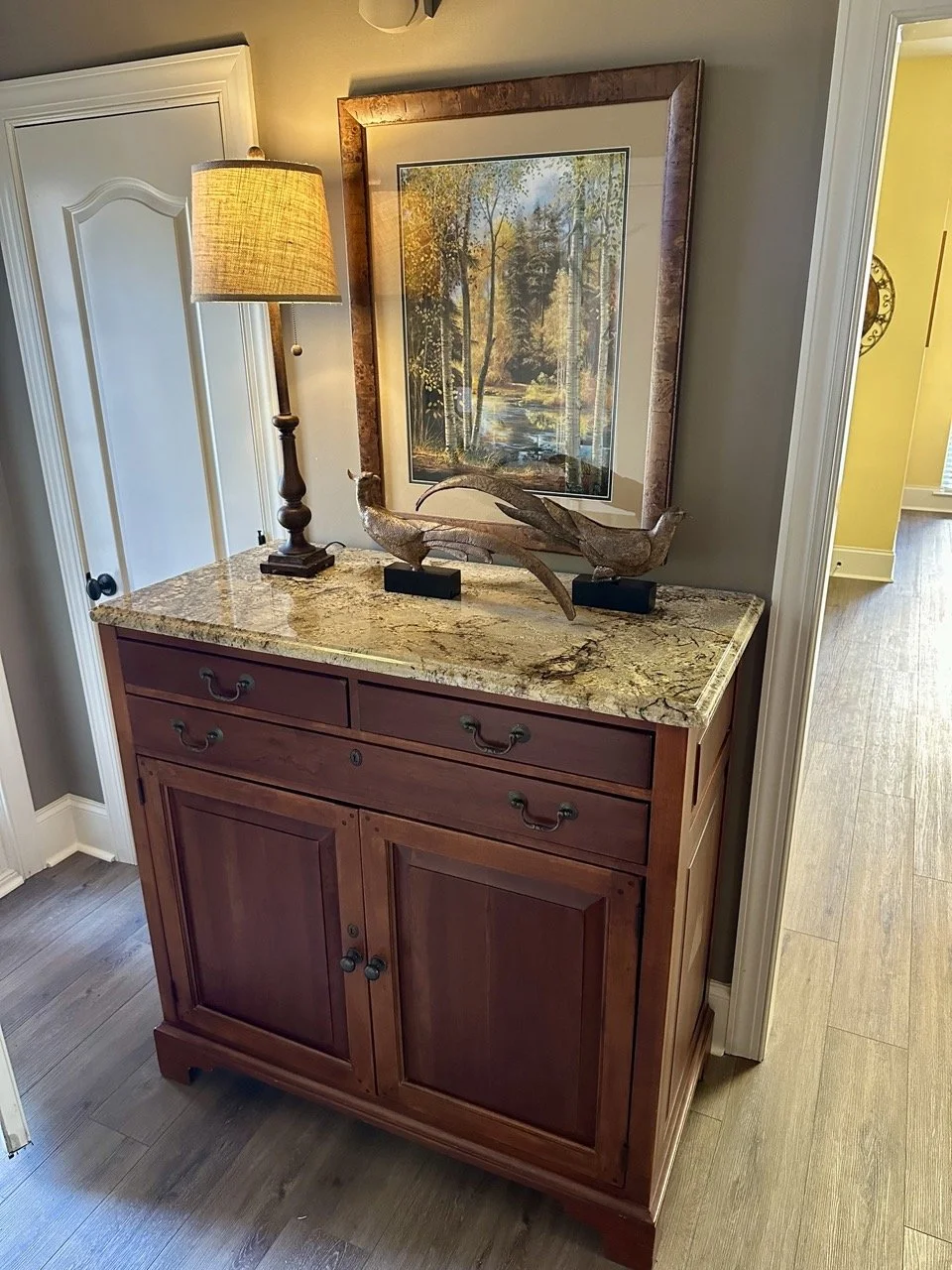 $650 - Bob Timberlake Sideboard with Granite Top | Solid wood sideboard from the Bob Timberlake collection, originally purchased in Lexington, NC, known for its heritage furniture craftsmanship. Features a polished granite top, multiple drawers, cabi