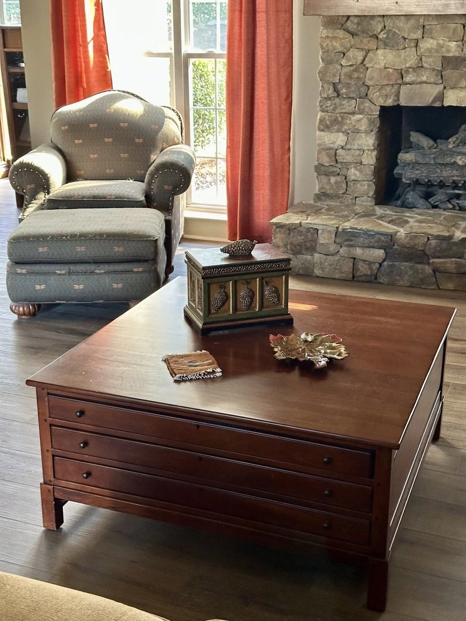 $675 - Bob Timberlake Coffee Table with Pass-Through Drawers | Solid wood coffee table from the Bob Timberlake collection, originally purchased in Lexington, NC. Features multiple pass-through drawers accessible from either side, along with a pull-ou
