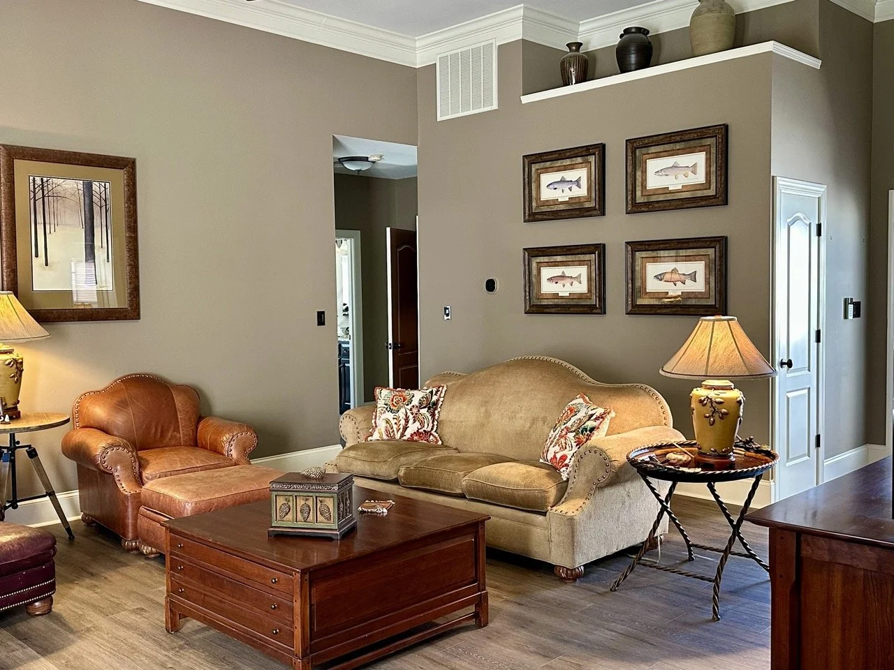 $425 – Bob Timberlake Sofa (Excellent Condition) | Beautiful camel/tan upholstered sofa with nailhead trim. Clean, comfortable, and very well made. Minor wear on wooden feet only. | 87”W x 40”D x 40.5”H