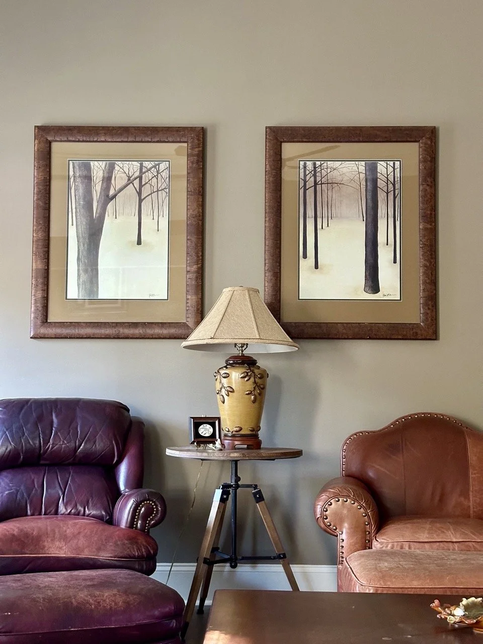 $400 - Set of 2 Framed Winter Landscape Prints (42.5” x 33.5”) | Pair of large, custom-framed winter forest prints by Patrick St. Germain. Calm, minimalist compositions with substantial wood frames and double matting. Designed to hang together. Excel