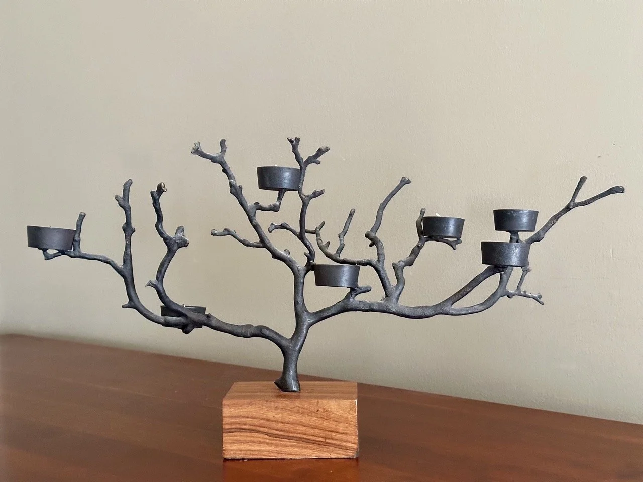 $40 • Rustic Iron Tree Branch Tealight Candle Holder on Wooden Base • Sculptural branch-style metal candle holder with multiple tealight cups, mounted on solid wood base, wide statement piece • Approx. 22.5” W x 12.5” H x 8.5” D
