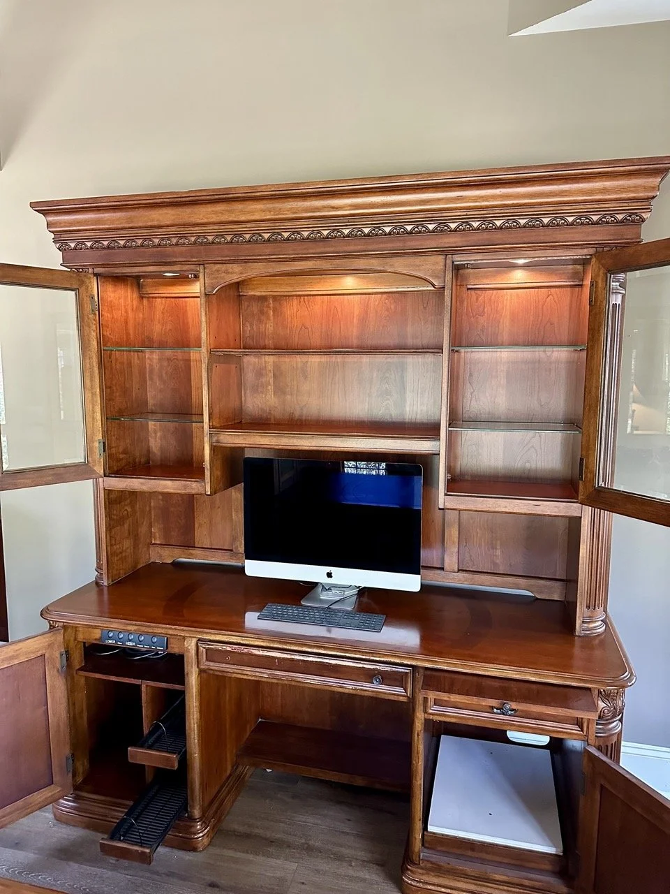 $450 • Lexington Solid Wood Desk w/ Hutch & Lighting • Large, Classic Office Piece • Matching pieces available, discounted when purchasing multiple items • Dimensions: 76” W × 25” D × 86” H