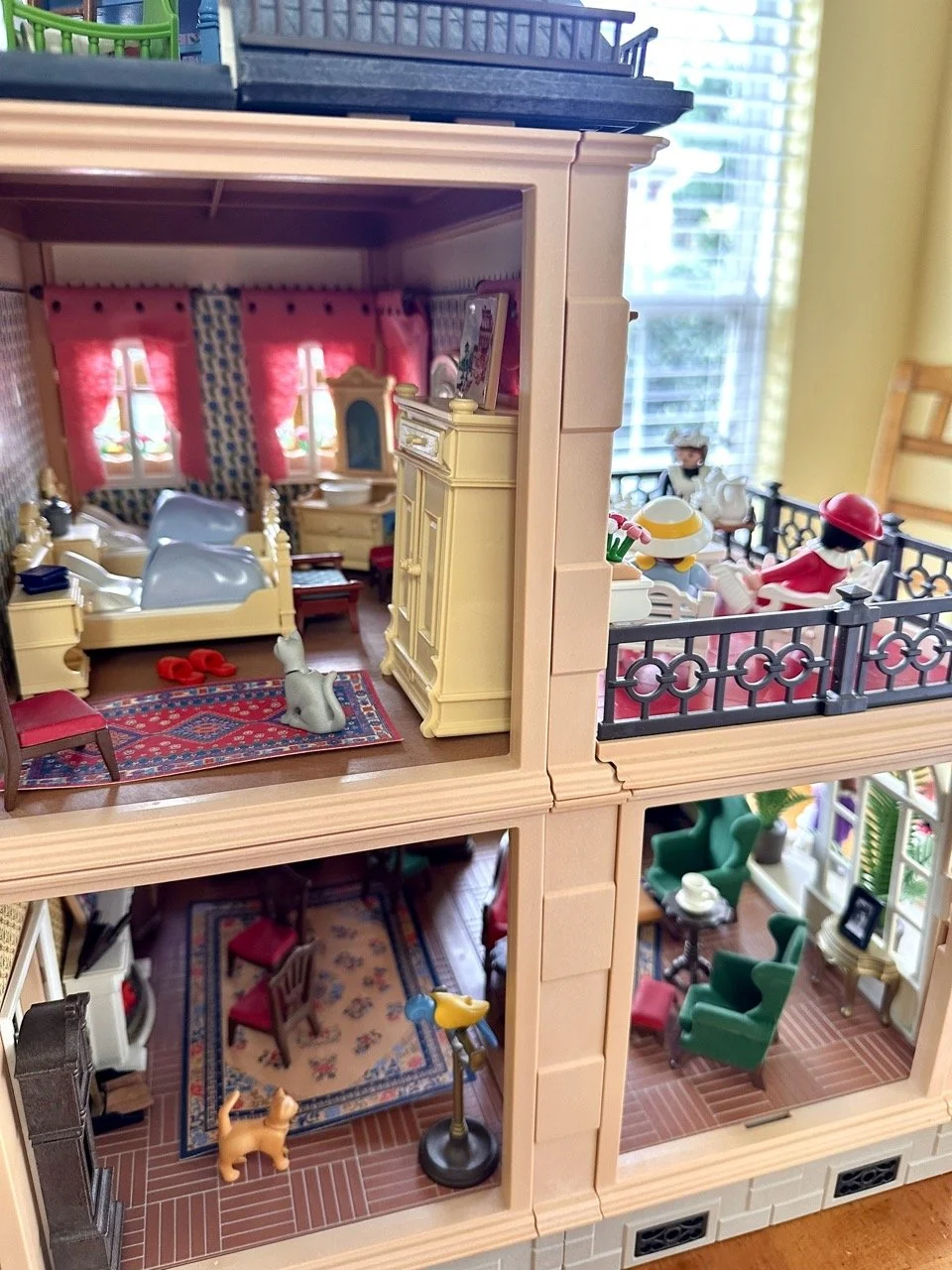 Fully furnished Victorian mansion with complete interior, nursery, terrace furniture, and detailed accessories. 