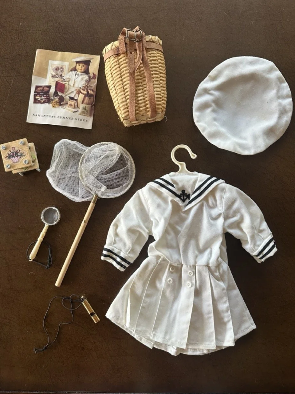 SOLD - $85 – American Girl Samantha Summer Outfit + Accessories – Basket, Net, Hat, Book