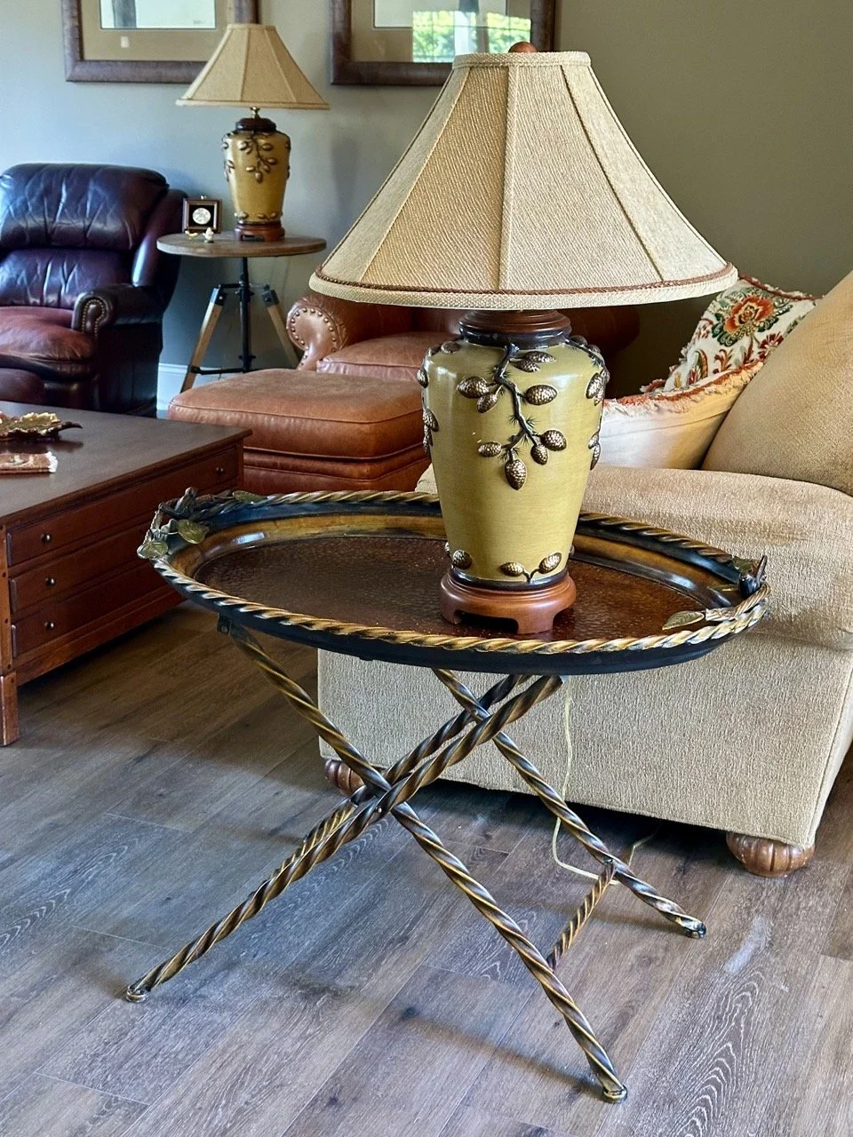 $120 - Decorative Metal Tray Top Accent Table | Dimensions: 25” H x 24” W x 36” L