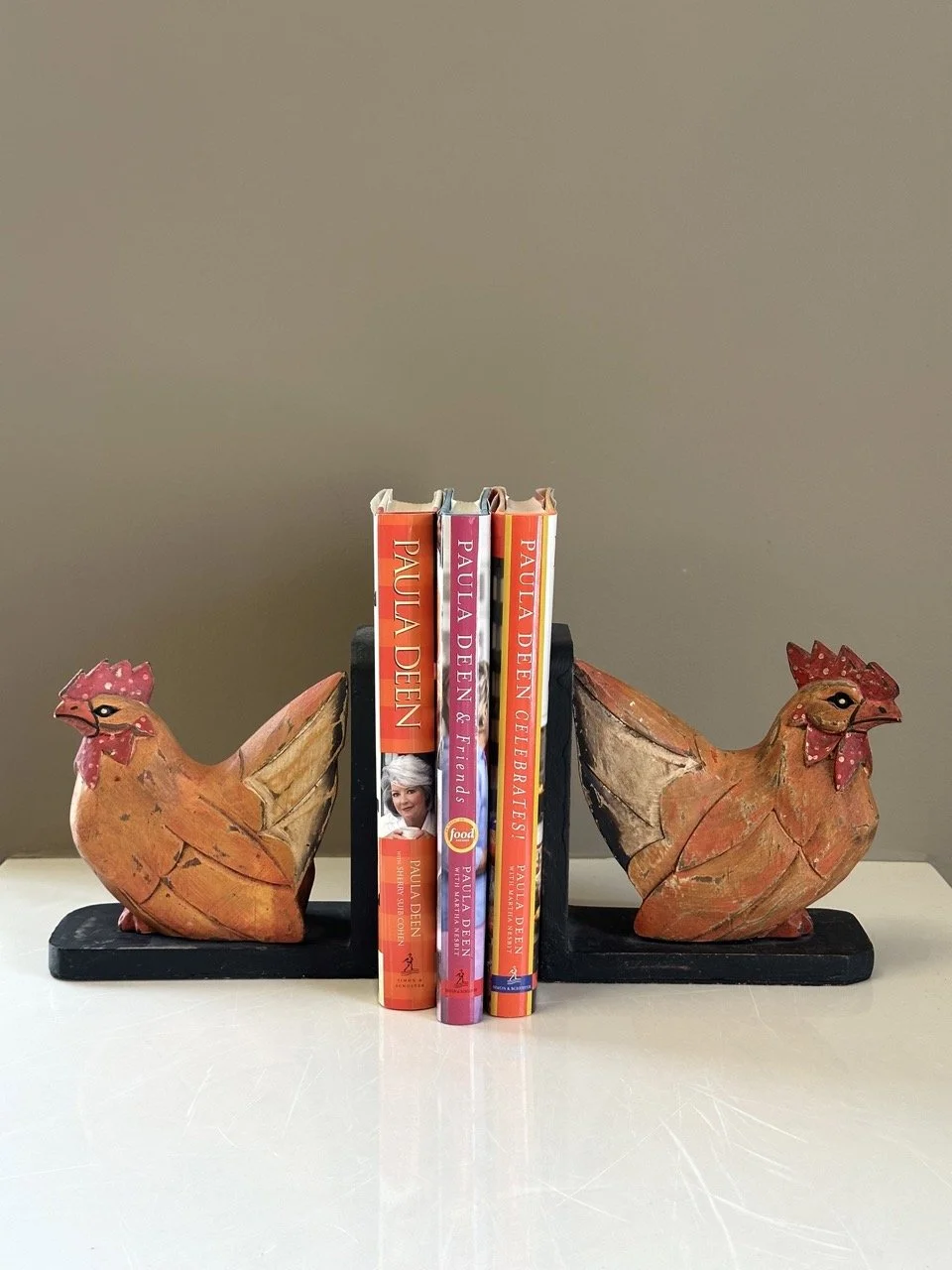 SOLD - $35 • Wooden Rooster Bookends • 7” H, 6.5” W, 3” D