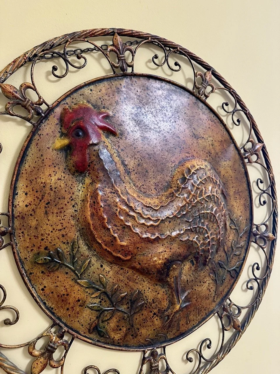 SOLD - $35 • Metal Rooster Wall Art • Large decorative wall piece with raised rooster design. • Dimensions: 25.5” diameter