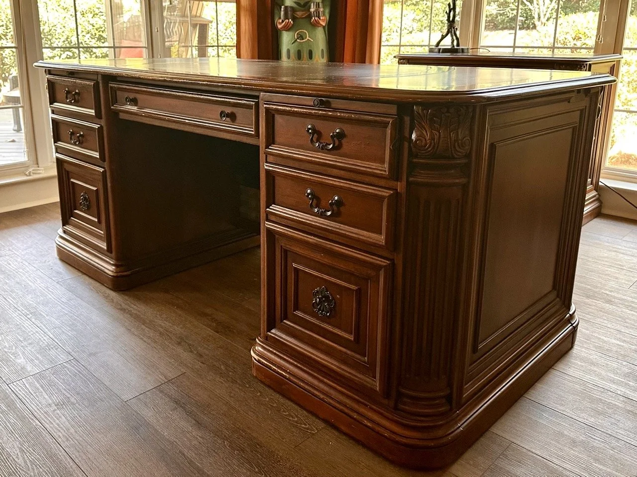 $450 • Lexington Solid Wood Executive Desk • Large Double Pedestal Desk w/ File Drawer • Matching pieces available, discounted when purchasing multiple items • Dimensions: 72” W × 35.5” D × 30.75” H