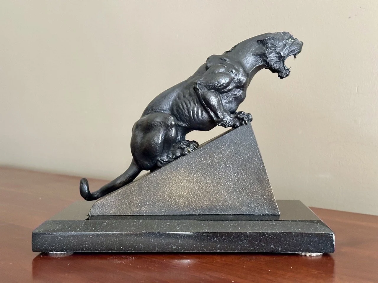 $55 • Panther Sculpture “Indomitable Spirit” by Todd Andrews on Granite Base • Striking panther figure in dark metal mounted on solid Georgia granite base, signed piece with strong presence, ideal for Carolina Panthers fans or office décor • Dimensio