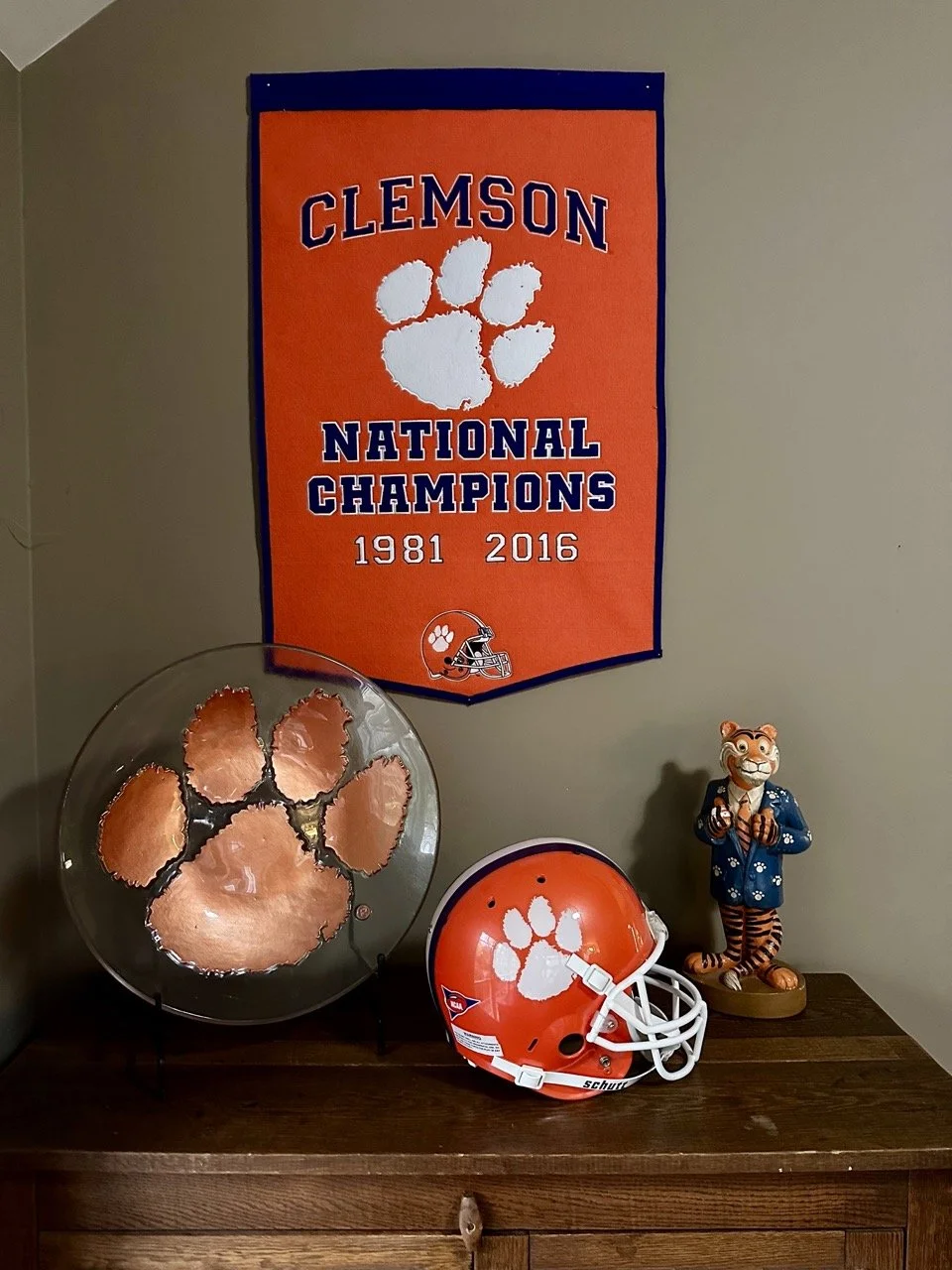 $40 | Clemson National Champions Banner | 36” tall x 23” wide.  / / /  $60 | Clemson Tigers Full-Size Football Helmet (Display)