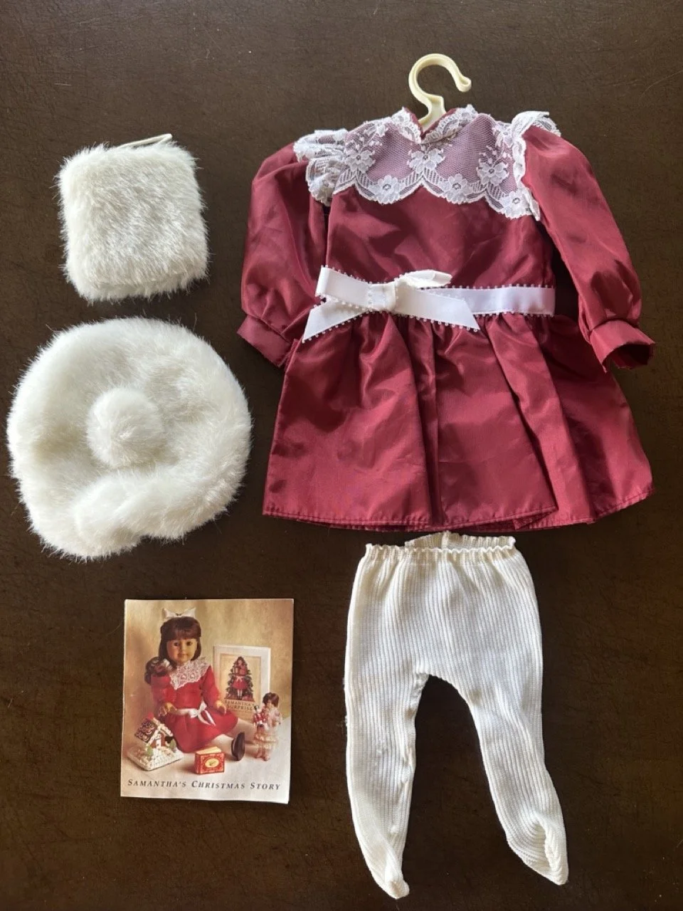 SOLD - $75 – American Girl Samantha Christmas Outfit – Complete w/ Accessories + Garment Bag