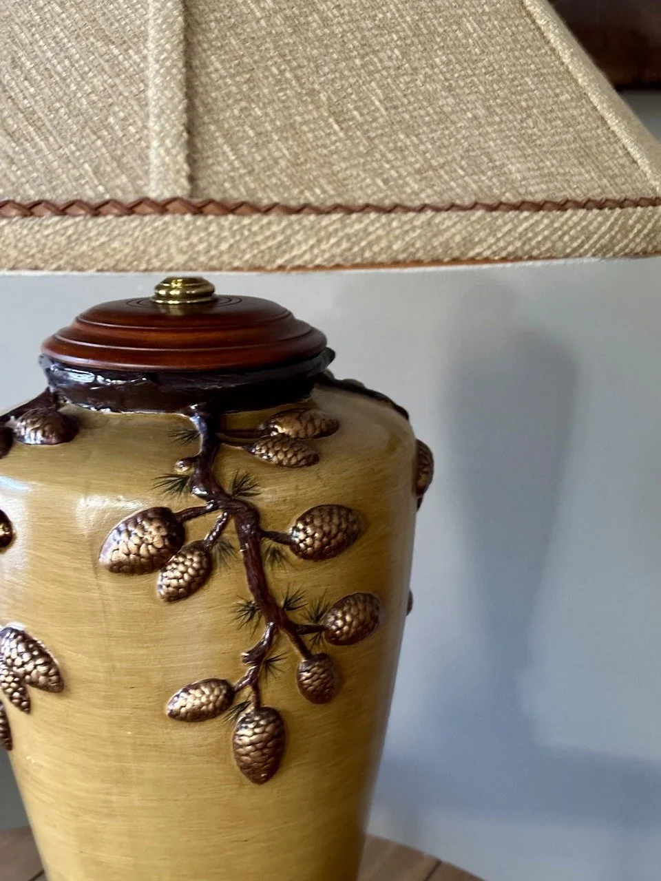 $395 - Pair of Pinecone Table Lamps (Lexington Purchase) | Matching pair of large table lamps with sculptural pinecone detailing and warm hand-finished look. Ceramic bodies with solid wood base and finial. Includes high-quality textured shades. Dimes