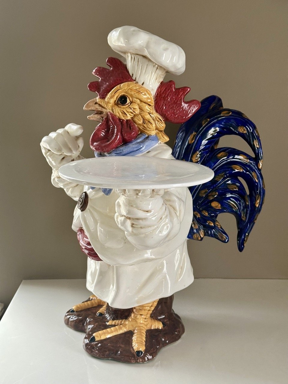 SOLD - $75 • Large Rooster Chef Statue w/ Serving Tray • Decorative kitchen or restaurant statement piece with glossy finish and bold colors. Dimensions: 20.5” H x 16” W x ~15” D