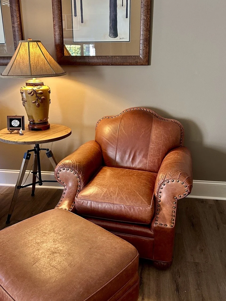$650 – Bob Timberlake Leather Chair + Ottoman | Beautiful saddle brown leather with great patina, nailhead trim, very comfortable. High-quality Lexington piece, Made in USA.