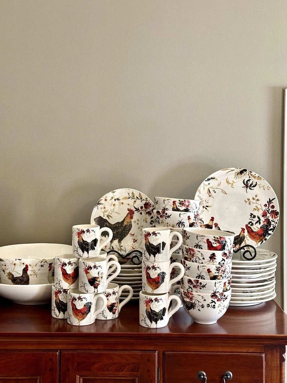 SOLD - $325 (reduced from $590) • Williams-Sonoma Hand-Painted Rooster Dinnerware Set (70 Pieces, Made in Italy)