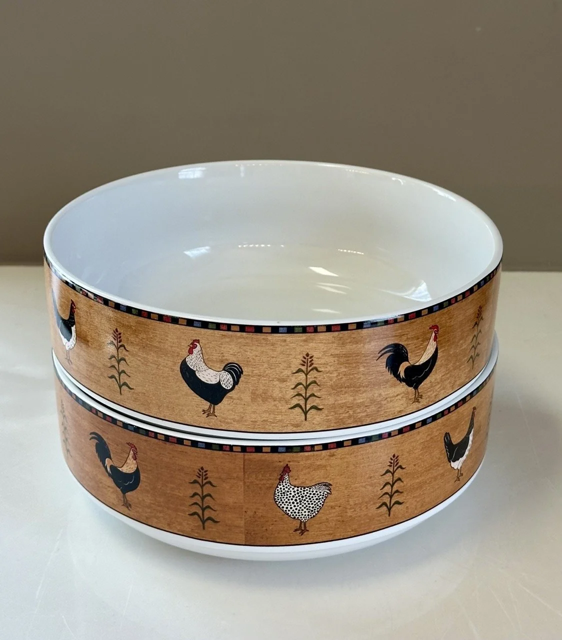 SOLD - $20 • Set of 2 Rooster Serving Bowls (Brandon House) • Dimensions: 9” diameter, 3.25” height