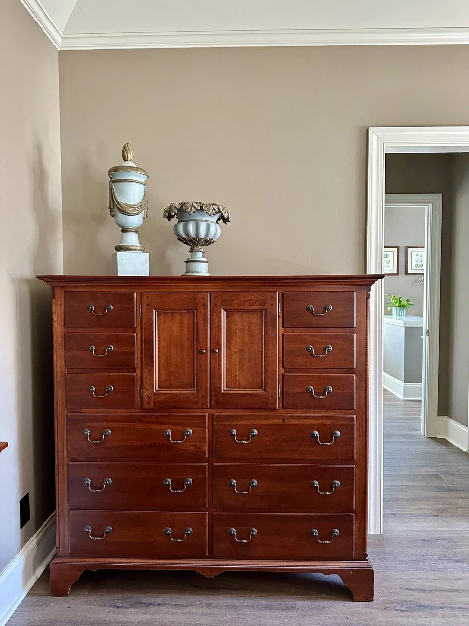 $850 • Bob Timberlake Gentleman’s Chest / Tall Dresser (56”W) • Solid wood piece with drawers + center cabinet for versatile storage. Warm finish, excellent condition. 56”W x 20”D x 54”H. Bundle pricing available with matching pieces.
