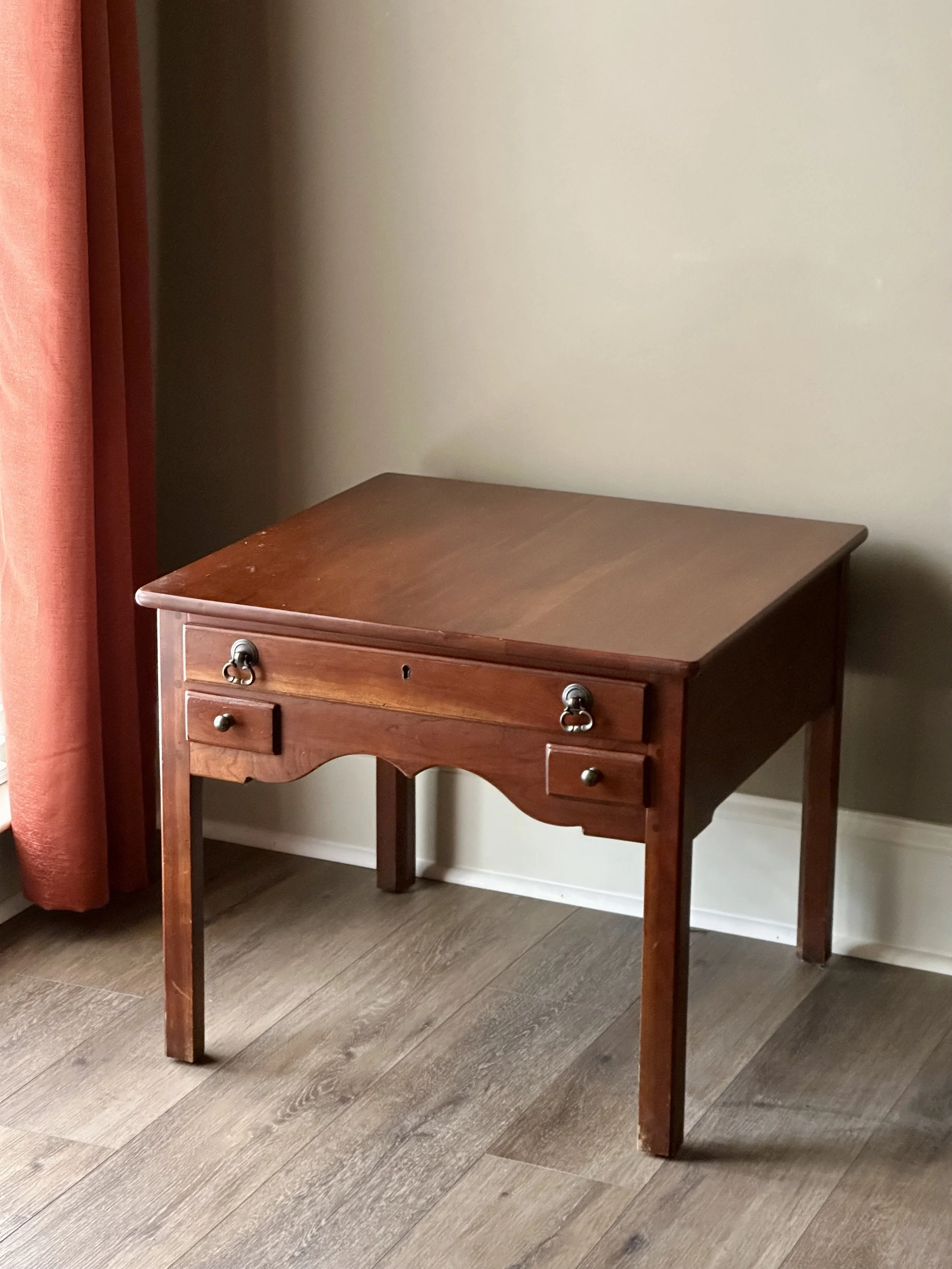 $125 - Set of 2 Traditional Cherry Finish End Tables | Good used condition with light wear consistent with normal use. One table has a small corner chip (see photo), reflected in price. | Dimensions: 26” square, 22” high